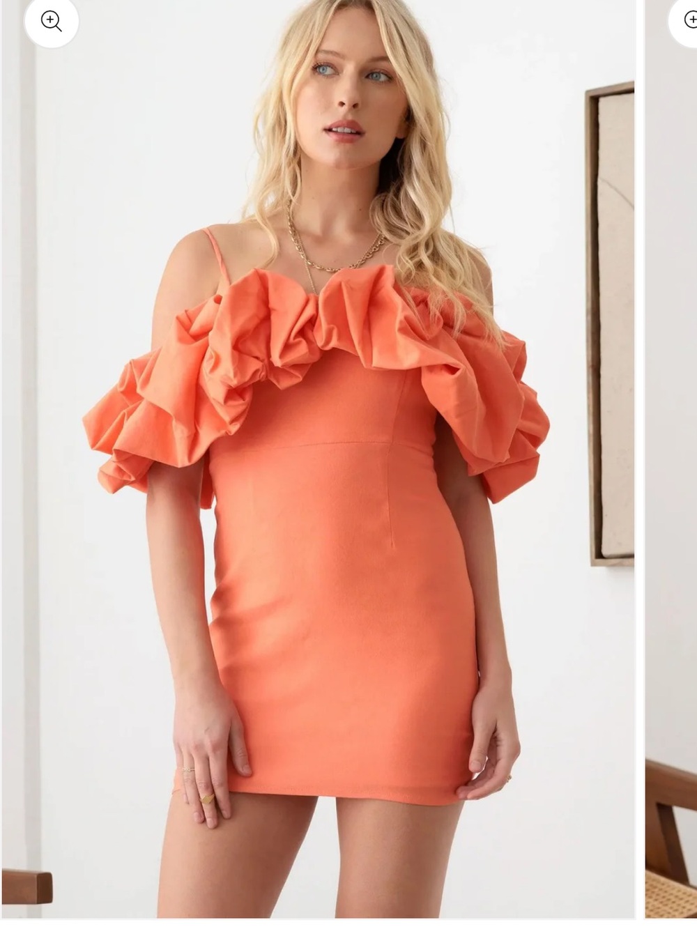DO+BE Coral Orange Ruffle Off-Shoulder Mini Dress